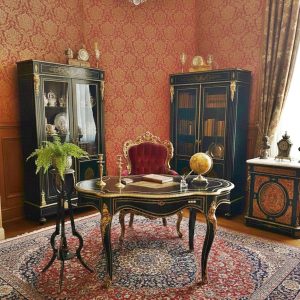 โต๊ะทำงานฝังเส้นทองเหลืองทรงไวโอลินสไตล์นโปเลียน