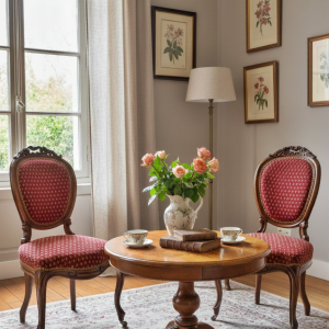 เก้าอี้ผ้าลูกฟูกคู่สีแดงมีล้อสไตล์หลุยส์-ฟิลิปป์